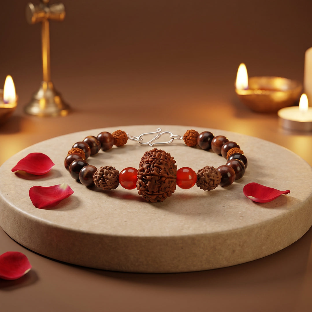 Suryavanshi Karma Bracelet: 12 Mukhi & 3 Mukhi Rudraksha with Red Tiger Eye for Leadership & Manifestation