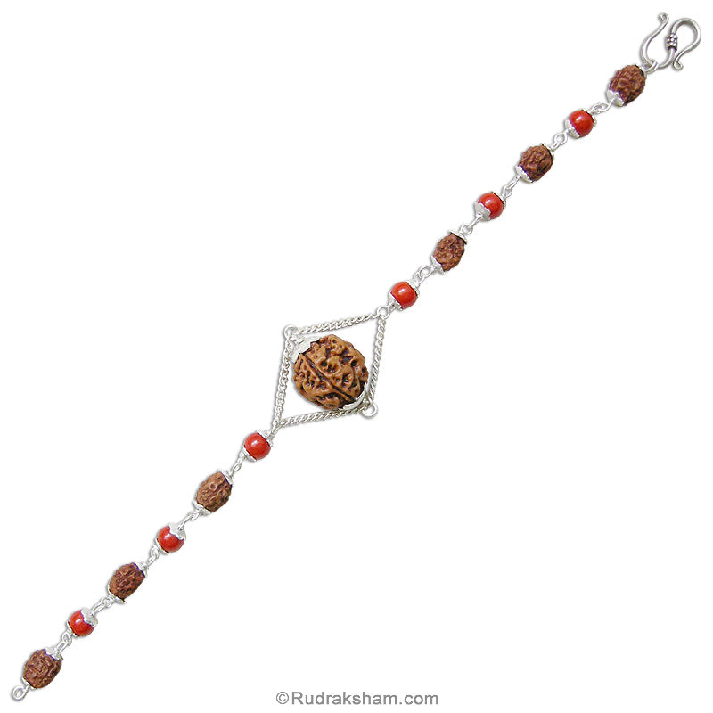 3 Mukhi Rudraksha and Coral Silver Bracelet | Three Mukhi Rudraksha Beads Silver Bracelet | Teen Mukhi Rudraksha & Moonga Beads wrist Bracelet with Silver Caps
