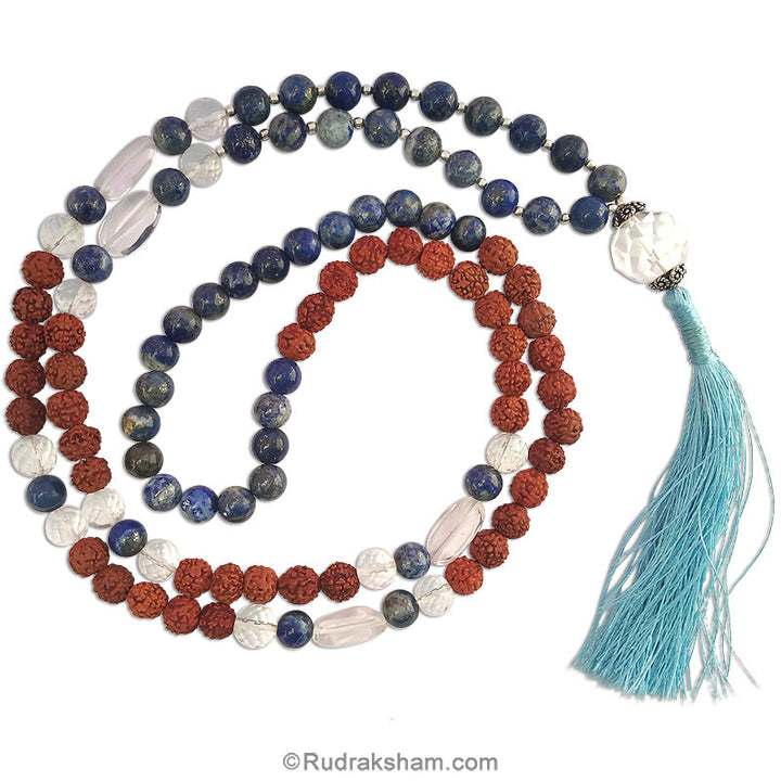 Lapis Lazuli smooth round beads, Sphatik Diamond Cut Beads, Rudraksha Beads Tassel Necklace | 12 mm sphatik cut stone silver pendant