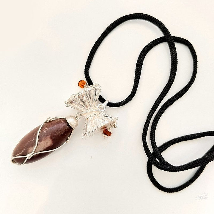 Silver Damroo with Brown Narmadeshwar Shivalingam, Narmada Shivling and Shiva Damroo Pendant