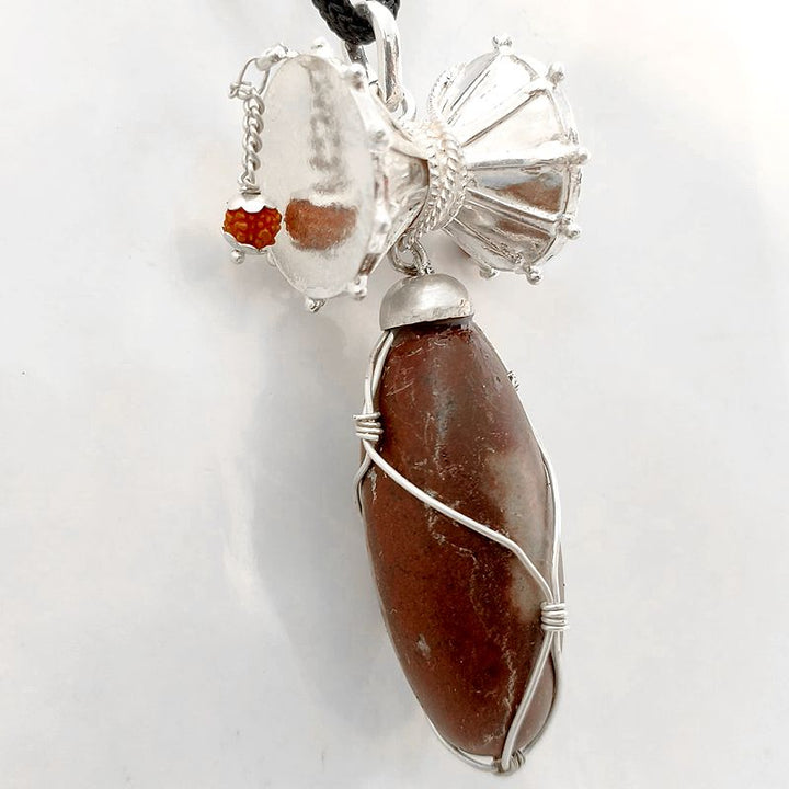 Silver Damroo with Brown Narmadeshwar Shivalingam, Narmada Shivling and Shiva Damroo Pendant