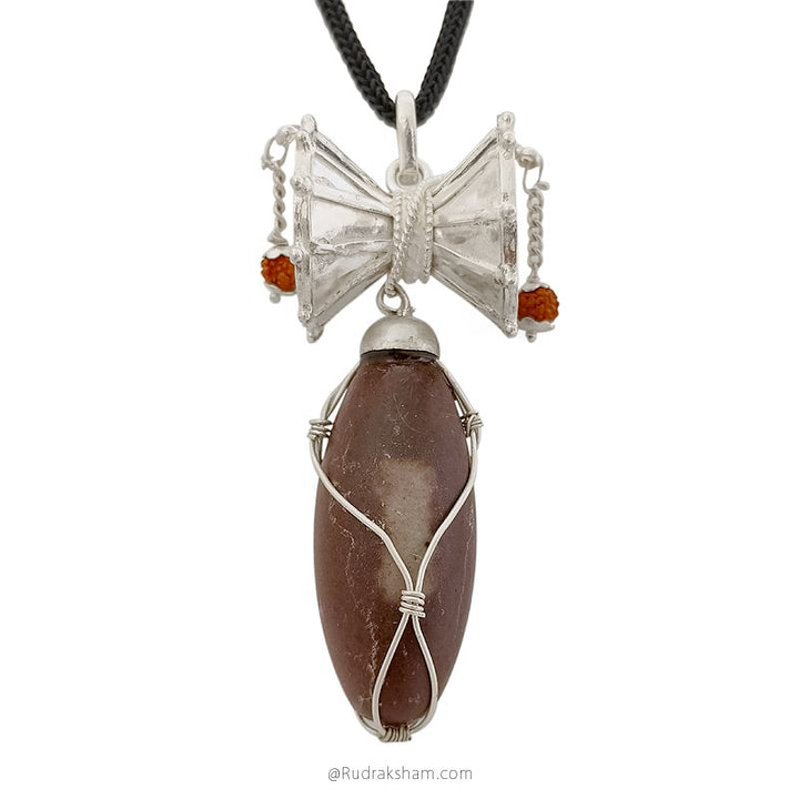 Silver Damroo with Brown Narmadeshwar Shivalingam, Narmada Shivling and Shiva Damroo Pendant