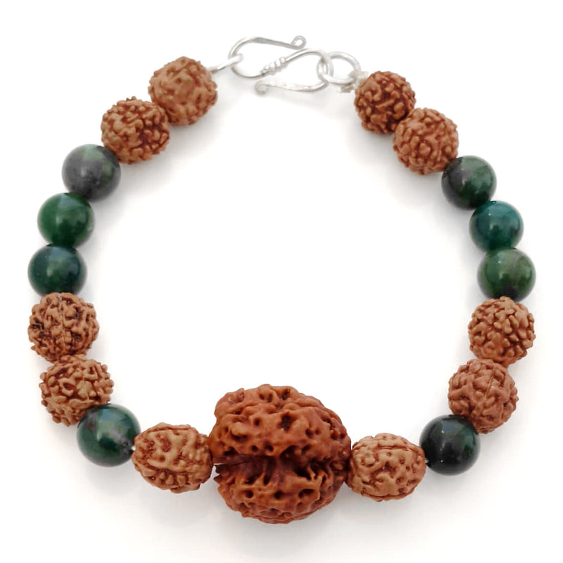 Sthira Chetana Bracelet: 3 Mukhi & 4 Mukhi Rudraksha with Moss Agate for Grounding & Sustained Focus