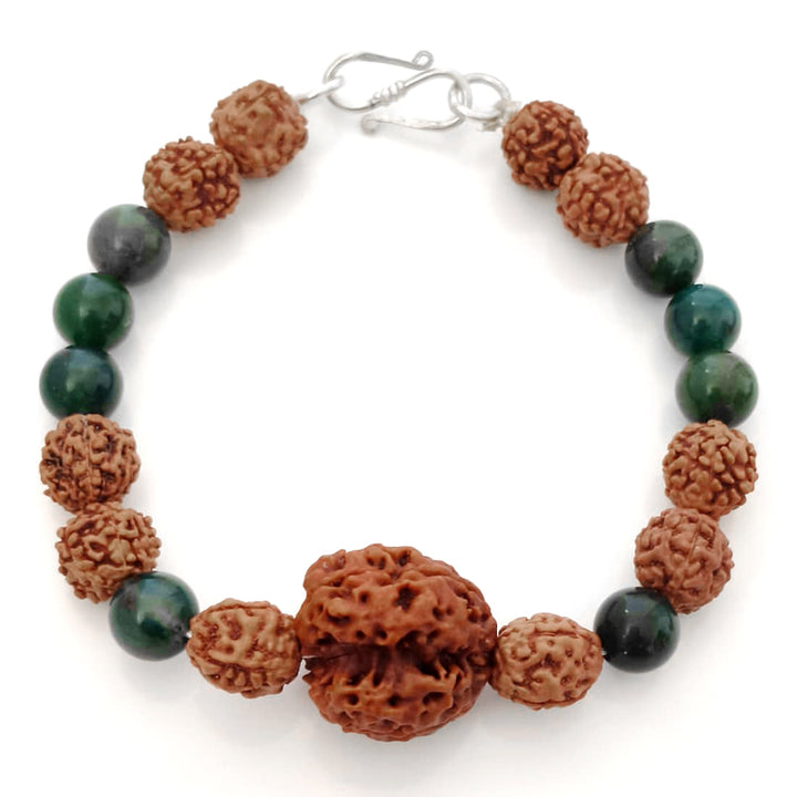 Sthira Chetana Bracelet: 3 Mukhi & 4 Mukhi Rudraksha with Moss Agate for Grounding & Sustained Focus