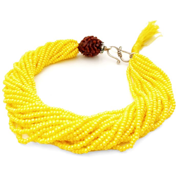 3 Mukhi Rudraksha with Yellow Seed Beads Bracelet, Teen Mukhi Rudraksha Mala Bracelet with Seed Beads, Original 3 Mukhi Nepal Rudraksha