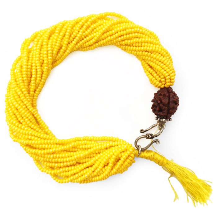 3 Mukhi Rudraksha with Yellow Seed Beads Bracelet, Teen Mukhi Rudraksha Mala Bracelet with Seed Beads, Original 3 Mukhi Nepal Rudraksha