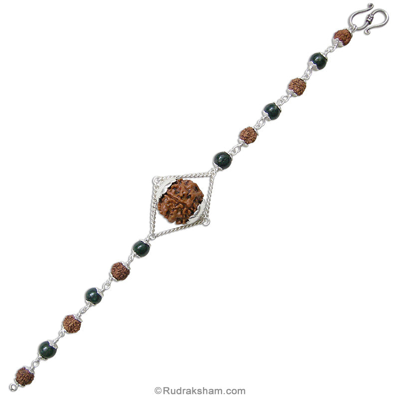 4 Mukhi Rudraksha and Black Agate Silver Bracelet | Four Mukhi Rudraksha Beads Silver Bracelet | Char Mukhi Rudraksha & Hakik Beads wrist Bracelet with Silver Caps