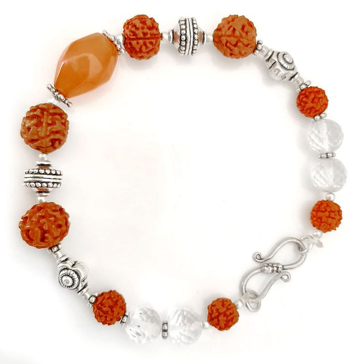 Carnelian Gemstone - Sphatik Beads - Rudraksha Beads Bracelet | Diamond Cut Crystal / Quartz Round Beads, Faceted Carnelian Stone Bead hand Bracelet, Designer Bracelet