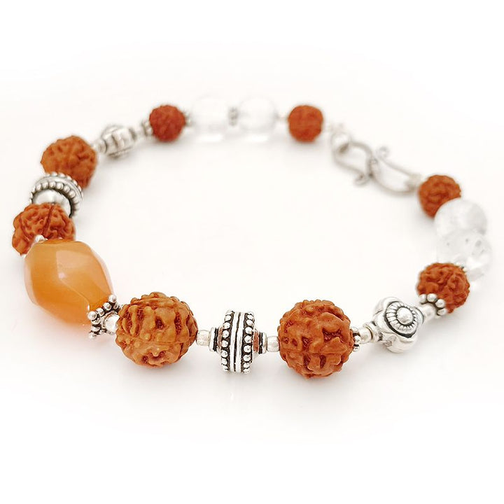 Carnelian Gemstone - Sphatik Beads - Rudraksha Beads Bracelet | Diamond Cut Crystal / Quartz Round Beads, Faceted Carnelian Stone Bead hand Bracelet, Designer Bracelet