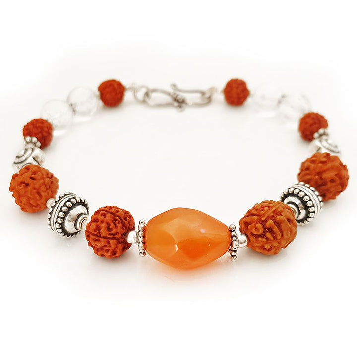 Carnelian Gemstone - Sphatik Beads - Rudraksha Beads Bracelet | Diamond Cut Crystal / Quartz Round Beads, Faceted Carnelian Stone Bead hand Bracelet, Designer Bracelet