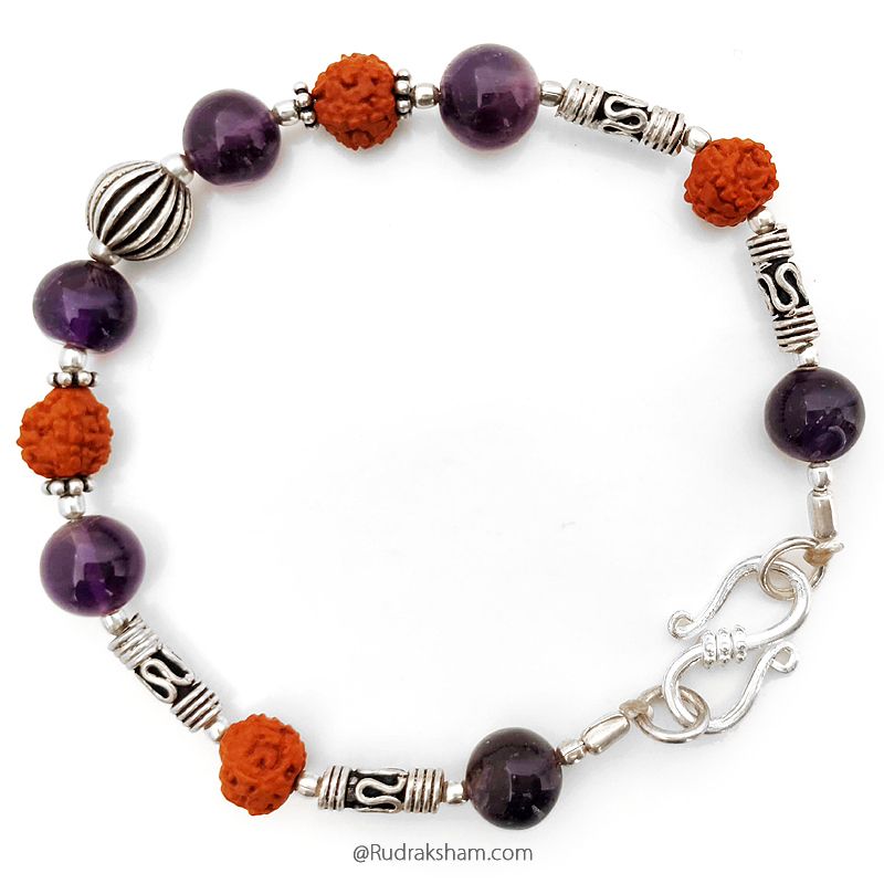 Purple Amethyst and Rudraksha Beads Silver Bracelet, Gemstone Bracelet , Designer Hand Bracelet