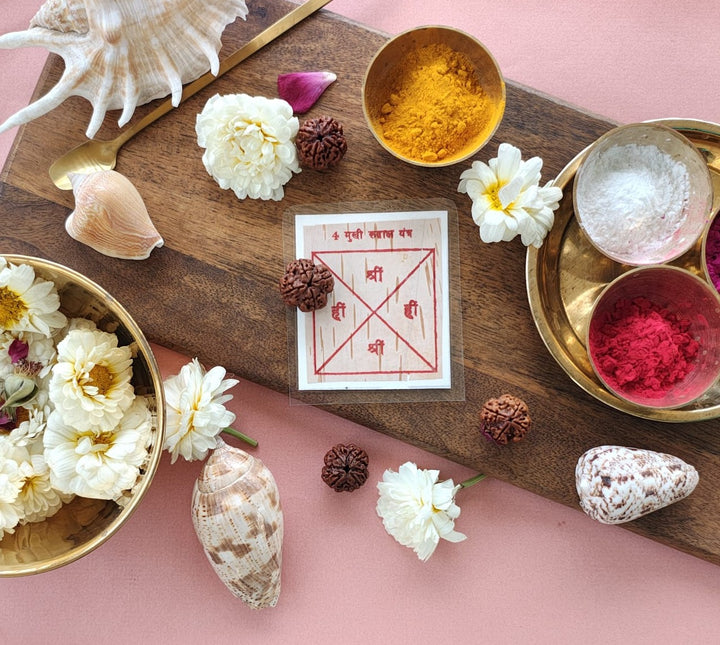 4-Mukhi Rudraksha Yantra Altar – Hand-Inscribed Bhojpatra | Saraswati & Brahma Energy (Pre-Energized)
