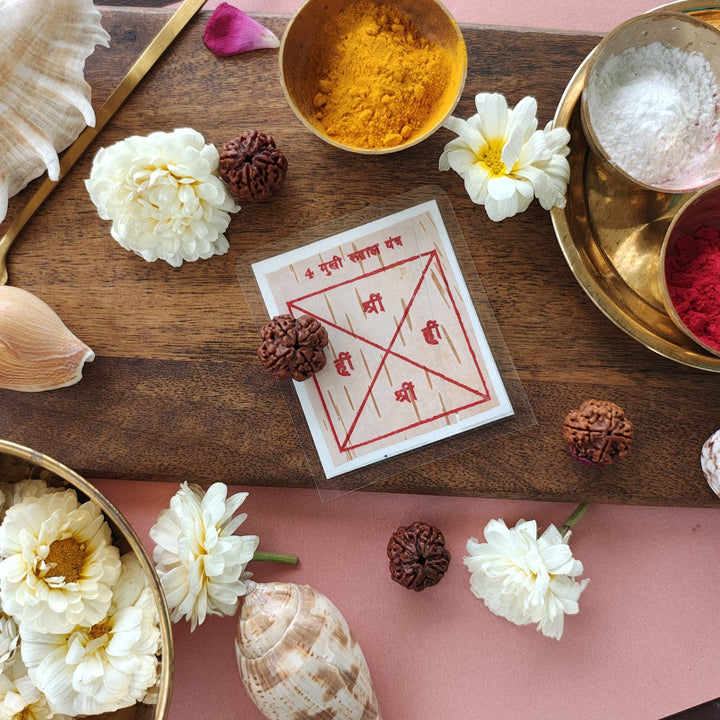 4-Mukhi Rudraksha Yantra Altar – Hand-Inscribed Bhojpatra | Saraswati & Brahma Energy (Pre-Energized)