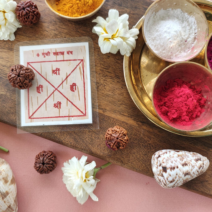 4-Mukhi Rudraksha Yantra Altar – Hand-Inscribed Bhojpatra | Saraswati & Brahma Energy (Pre-Energized)