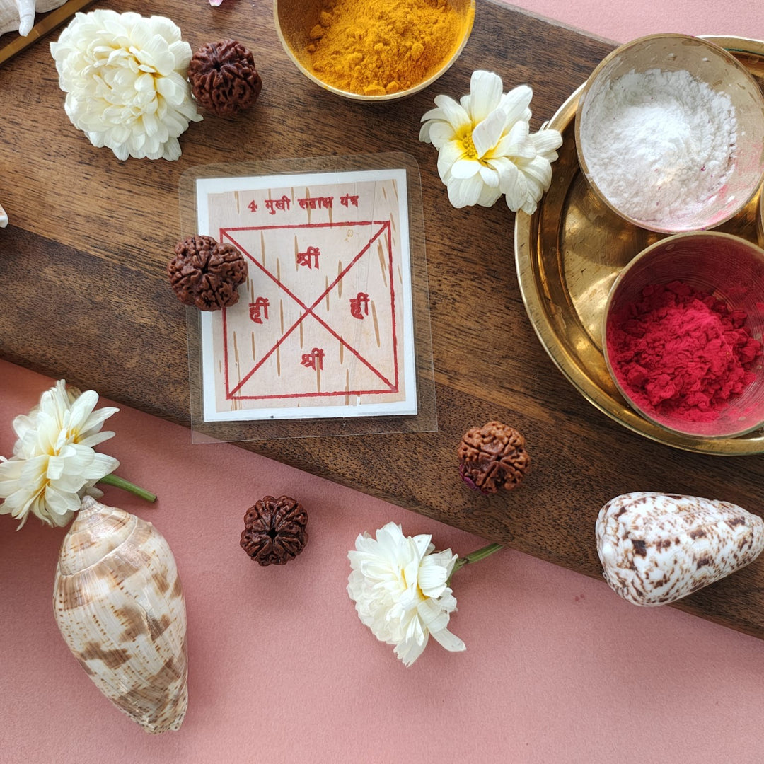 4-Mukhi Rudraksha Yantra Altar – Hand-Inscribed Bhojpatra | Saraswati & Brahma Energy (Pre-Energized)