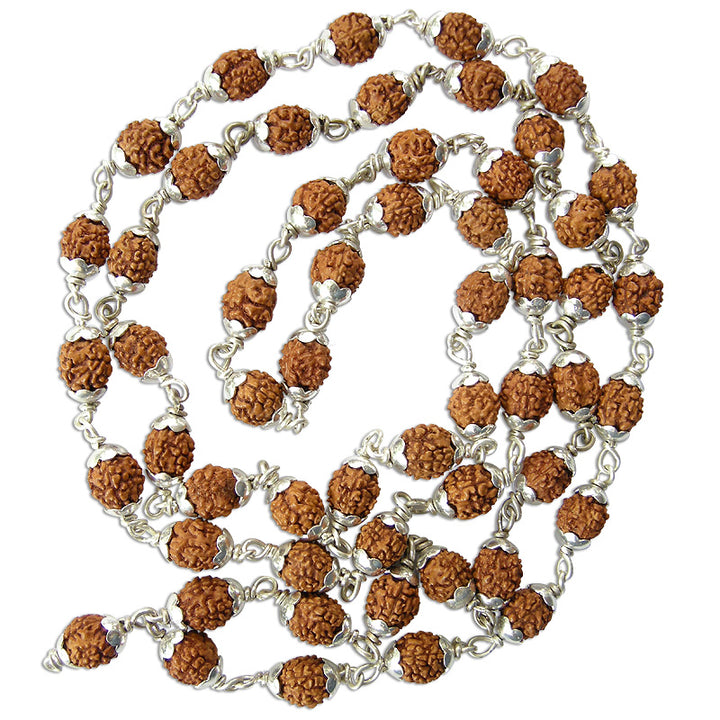 4 Mukhi Indonesian Rudraksha Beads Mala Necklace | Energised 54 Beads Java Four Mukhi Silver Caps Mala Rosary | To Pacify Planet Mercury