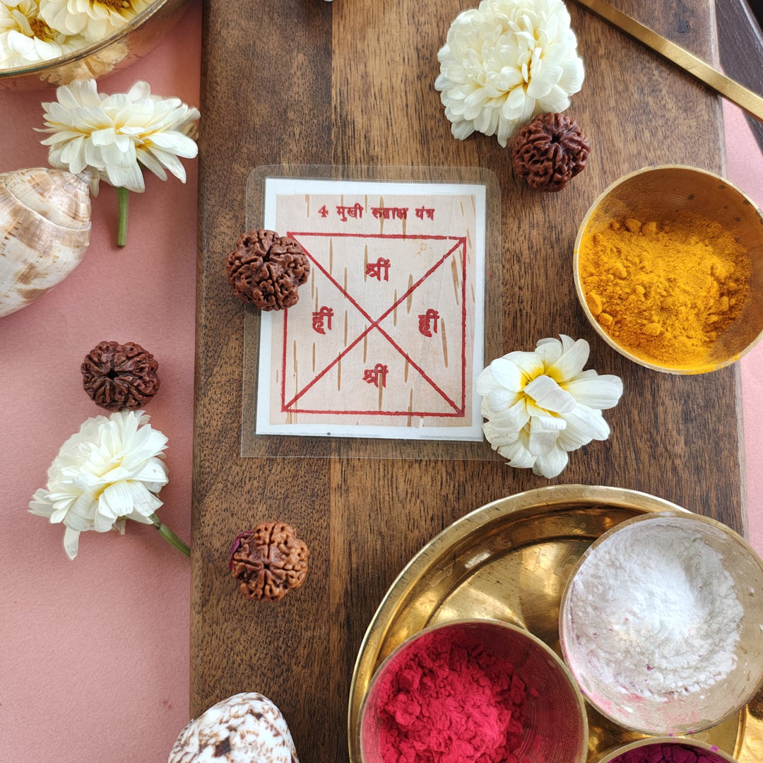 4-Mukhi Rudraksha Yantra Altar – Hand-Inscribed Bhojpatra | Saraswati & Brahma Energy (Pre-Energized)