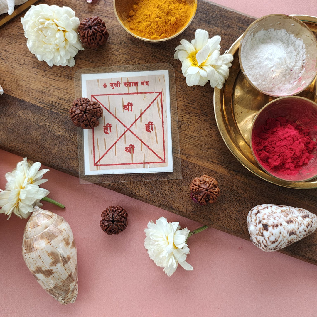 4-Mukhi Rudraksha Yantra Altar – Hand-Inscribed Bhojpatra | Saraswati & Brahma Energy (Pre-Energized)