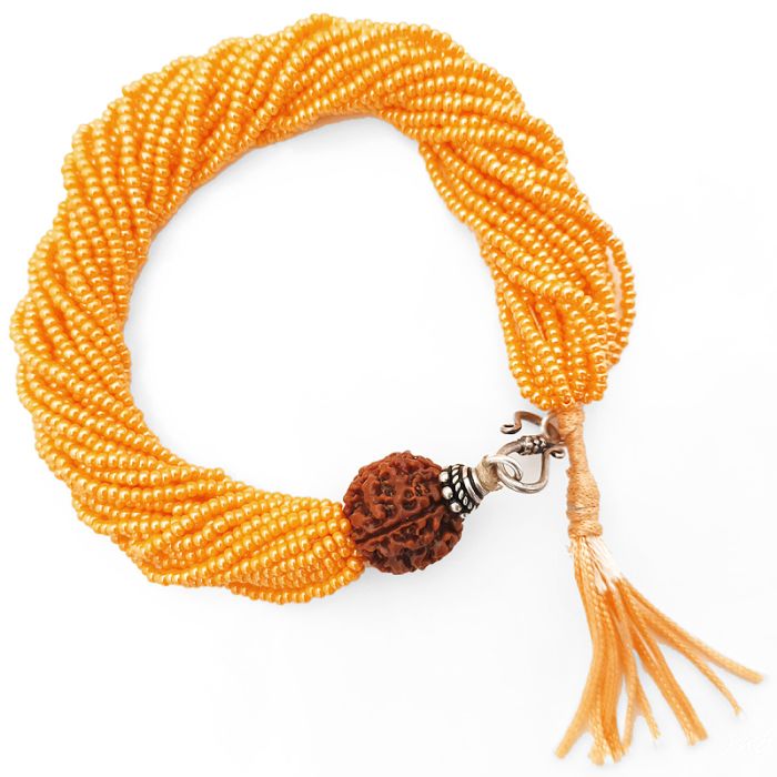 4 Mukhi Rudraksha with Orange Seed Beads Bracelet, Char Mukhi Rudraksha Mala Bracelet with Seed Beads, Original 4 Mukhi Nepal Rudraksha