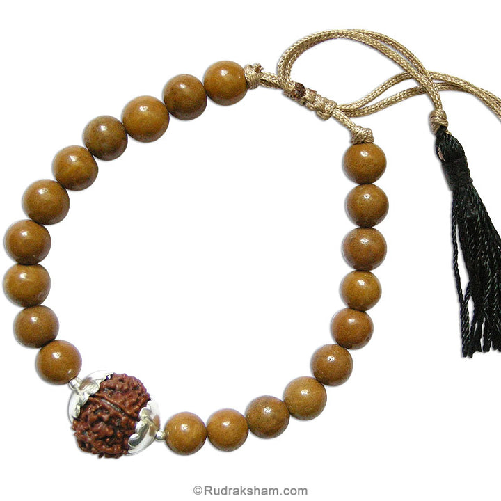 5 Mukhi Rudraksha Bead with Yellow Camel Agate / Hakik Gemstone Mala Bracelet | Five Mukhi Nepal Bead with Silver Caps