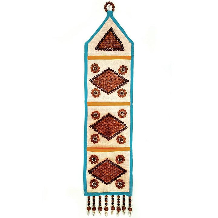 Decorative Wall Hanging Magazine Holder | Letter holder | Wall Newspaper Rack with Rudraksha Beads, Cowrie / kaudi, Red Sandalwood Beads