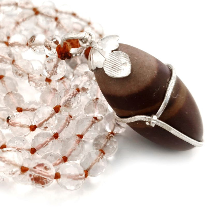 Rudraksha Beads - Sphatik / Crystal / Quartz Diamond cut Beads with Narmadeshwar silver Snake Pendant Handknotted Mala Necklace