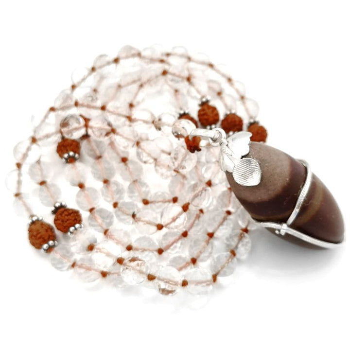 Rudraksha Beads - Sphatik / Crystal / Quartz Diamond cut Beads with Narmadeshwar silver Snake Pendant Handknotted Mala Necklace