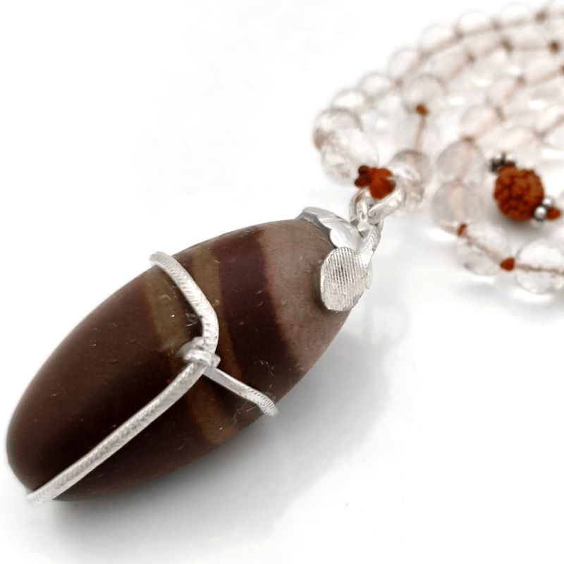Rudraksha Beads - Sphatik / Crystal / Quartz Diamond cut Beads with Narmadeshwar silver Snake Pendant Handknotted Mala Necklace