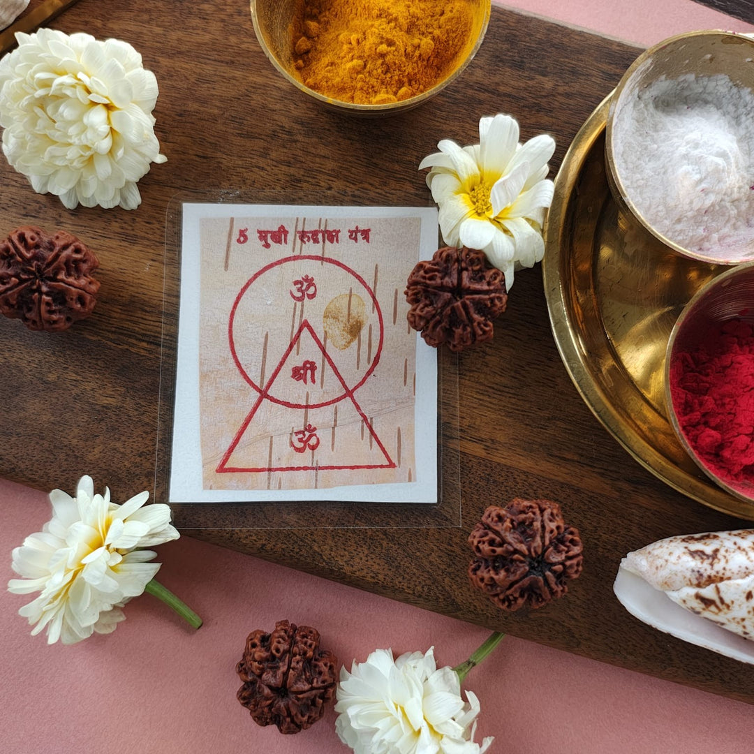5-Mukhi Rudraksha Yantra Altar – Hand-Inscribed Bhojpatra | Kalagni & Shiva Energy (Pre-Energized)