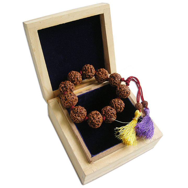 (16-20mm) 5 Mukhi Rudraksha Beads Mala Bracelet | Carved Wooden Box Included with Five Faced Thread Bracelet