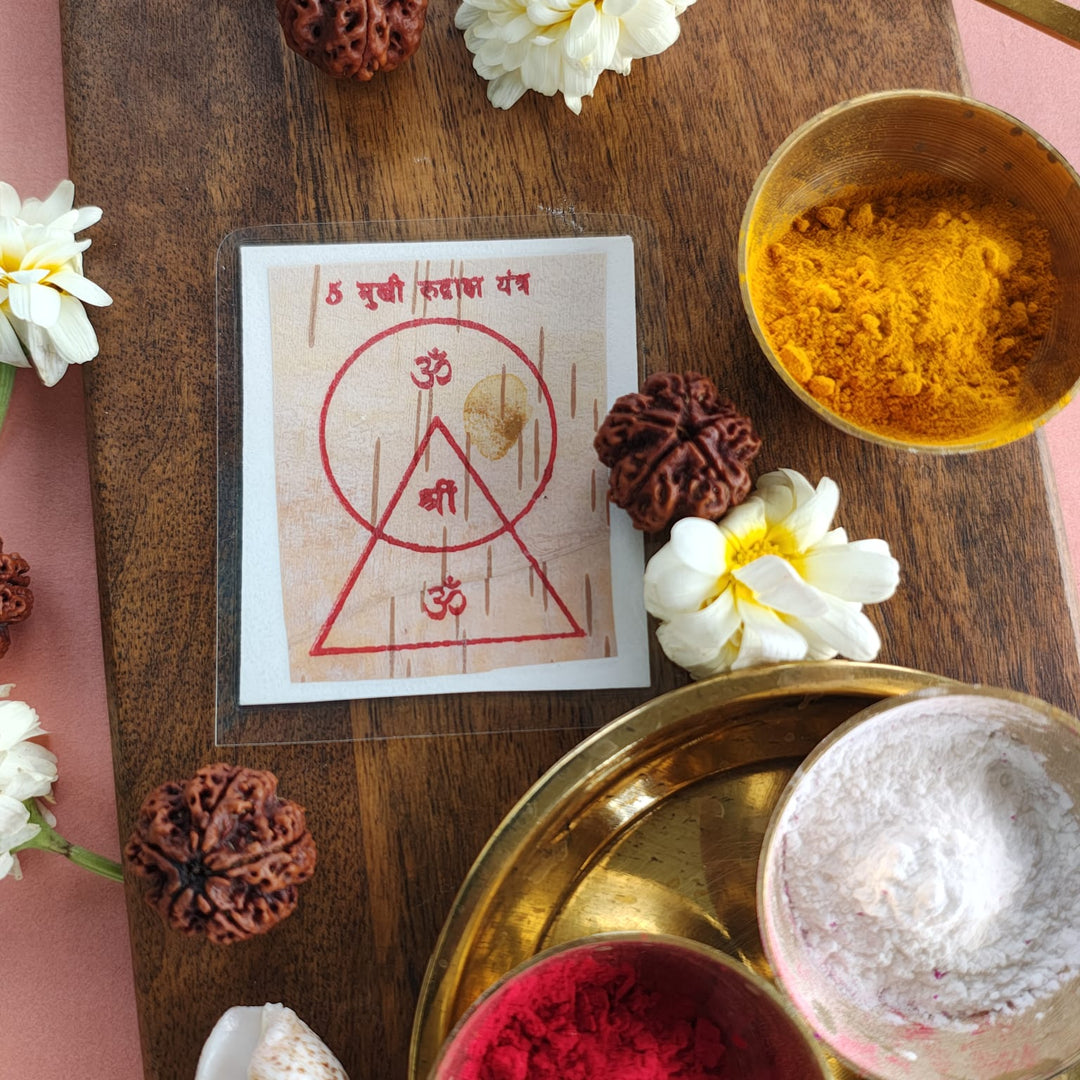 5-Mukhi Rudraksha Yantra Altar – Hand-Inscribed Bhojpatra | Kalagni & Shiva Energy (Pre-Energized)