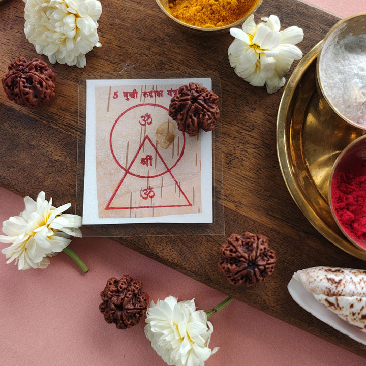 5-Mukhi Rudraksha Yantra Altar – Hand-Inscribed Bhojpatra | Kalagni & Shiva Energy (Pre-Energized)