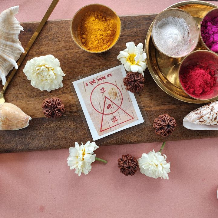 5-Mukhi Rudraksha Yantra Altar – Hand-Inscribed Bhojpatra | Kalagni & Shiva Energy (Pre-Energized)