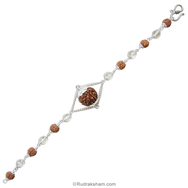 6 Mukhi Rudraksha and Sphatik Silver Bracelet | Six Mukhi Rudraksha Beads Silver Bracelet | 6 Mukhi Rudraksha & Crystal / Quartz Beads wrist Bracelet with Silver Caps
