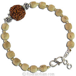 6 Mukhi Rudraksha Armlet with Tulsi Beads ( Basil Seeds ) | Six Mukhi Rudraksha Bead Silver Armlet | 6 Mukhi Rudraksha & Tulasi Beads Arm Bracelet with Silver Accessories