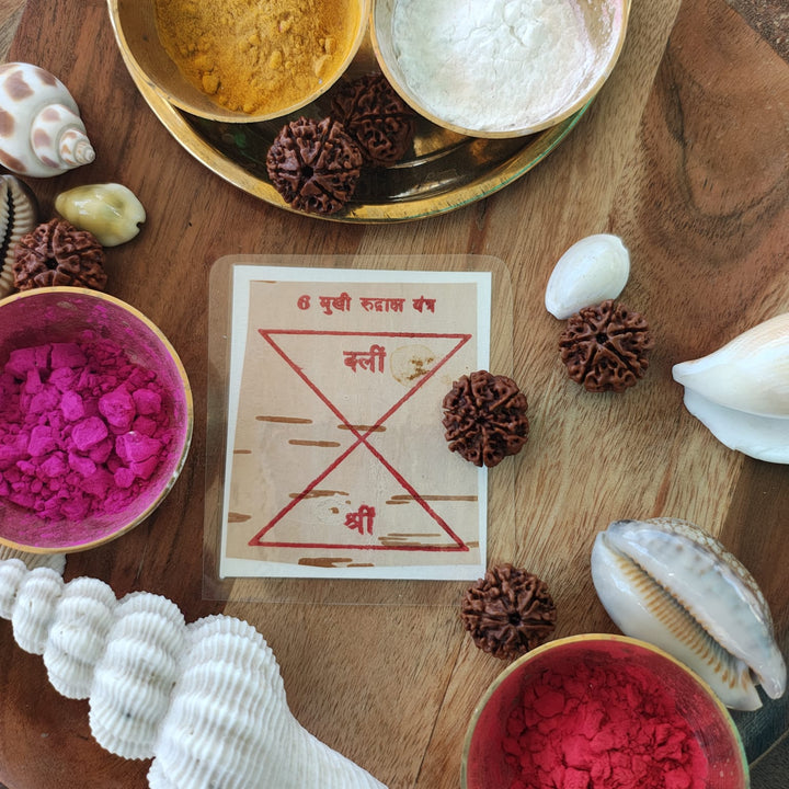 6-Mukhi Rudraksha Yantra Altar – Hand-Inscribed Bhojpatra | Kartikeya Energy (Pre-Energized)