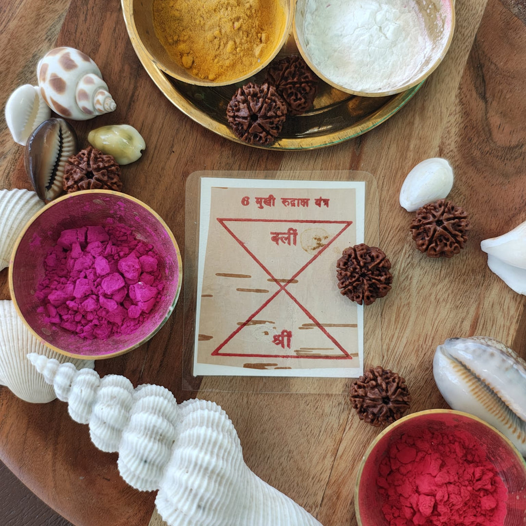 6-Mukhi Rudraksha Yantra Altar – Hand-Inscribed Bhojpatra | Kartikeya Energy (Pre-Energized)