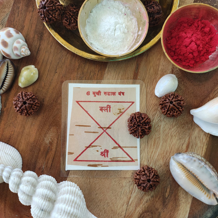 6-Mukhi Rudraksha Yantra Altar – Hand-Inscribed Bhojpatra | Kartikeya Energy (Pre-Energized)