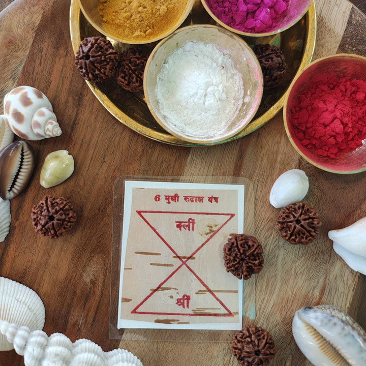 6-Mukhi Rudraksha Yantra Altar – Hand-Inscribed Bhojpatra | Kartikeya Energy (Pre-Energized)