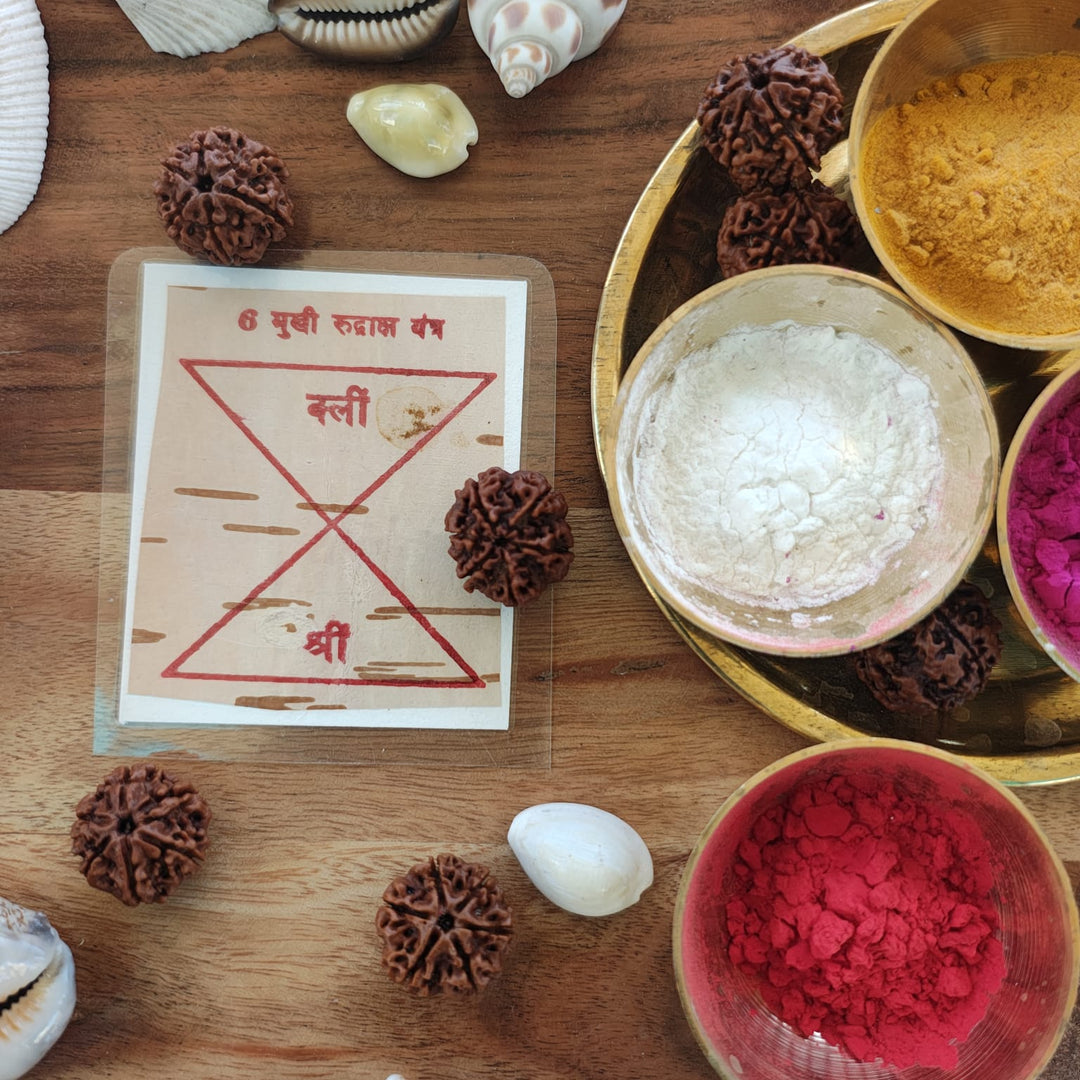 6-Mukhi Rudraksha Yantra Altar – Hand-Inscribed Bhojpatra | Kartikeya Energy (Pre-Energized)