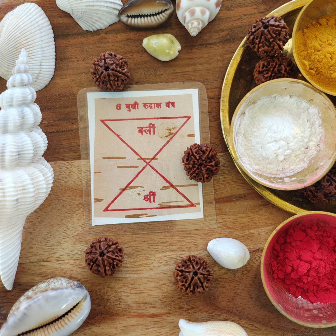 6-Mukhi Rudraksha Yantra Altar – Hand-Inscribed Bhojpatra | Kartikeya Energy (Pre-Energized)