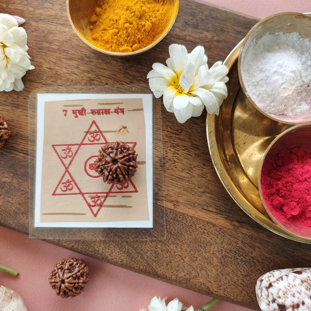 7-Mukhi Rudraksha Yantra Altar – Hand-Inscribed Bhojpatra | Mahalakshmi Energy (Pre-Energized)