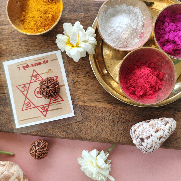 7-Mukhi Rudraksha Yantra Altar – Hand-Inscribed Bhojpatra | Mahalakshmi Energy (Pre-Energized)