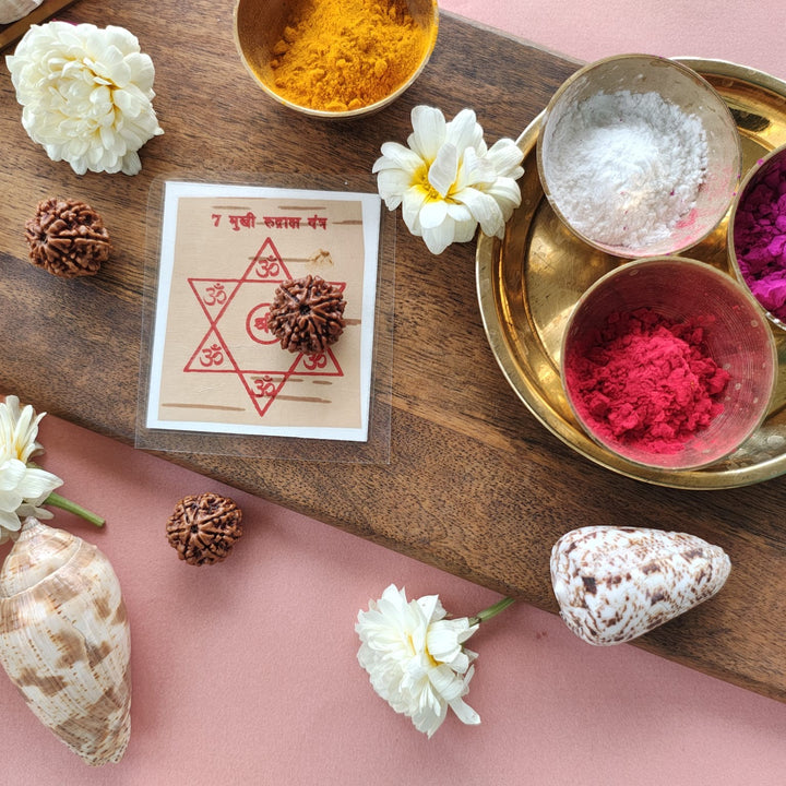 7-Mukhi Rudraksha Yantra Altar – Hand-Inscribed Bhojpatra | Mahalakshmi Energy (Pre-Energized)