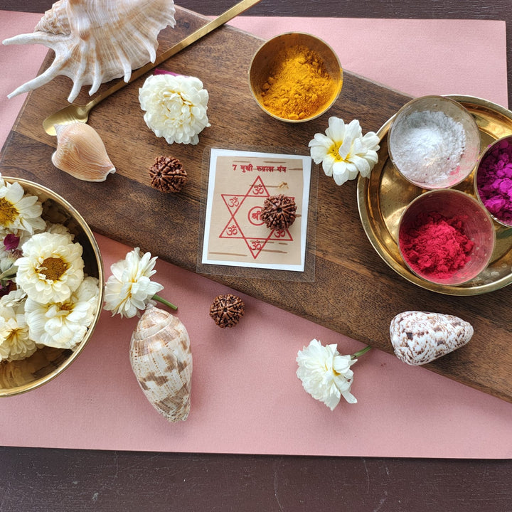 7-Mukhi Rudraksha Yantra Altar – Hand-Inscribed Bhojpatra | Mahalakshmi Energy (Pre-Energized)