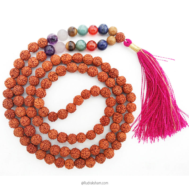 Seven Chakra Mala in Thread |  7 Gemstone & Rudraksha Healing Chakra Mala Rosary | Rose Quartz, Orange Carnelian, Amethyst, Camel Agate, Lapis Lazuli, Yellow Aventurine & Moss Agate Beads