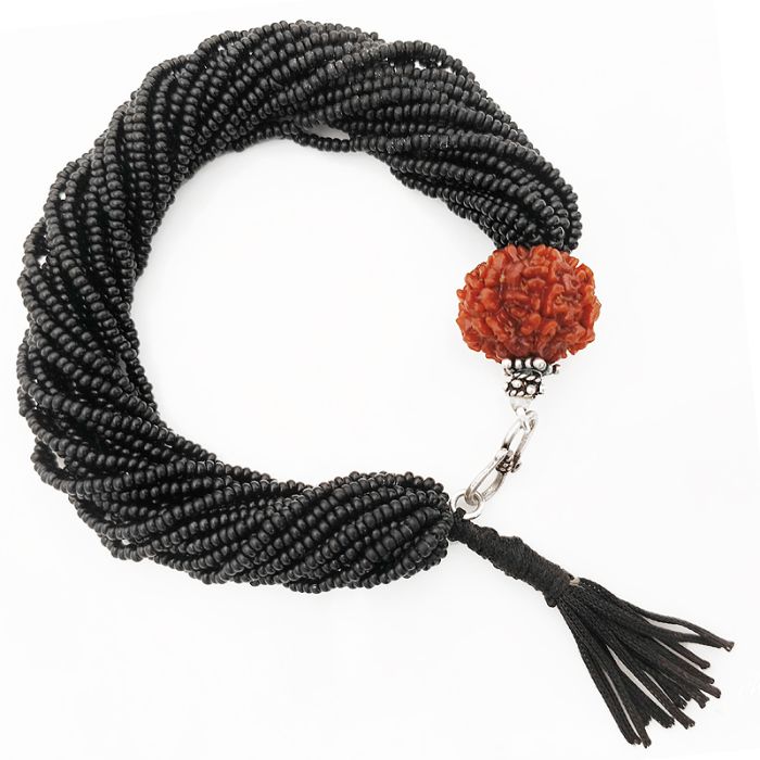 7 Mukhi Rudraksha with Black Seed Beads Bracelet, Saat Mukhi Rudraksha Mala Bracelet with Seed Beads, Original 7 Mukhi Nepal Rudraksha