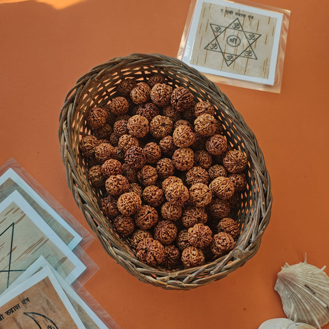 7-Mukhi Rudraksha Yantra Altar – Hand-Inscribed Bhojpatra | Mahalakshmi Energy (Pre-Energized)