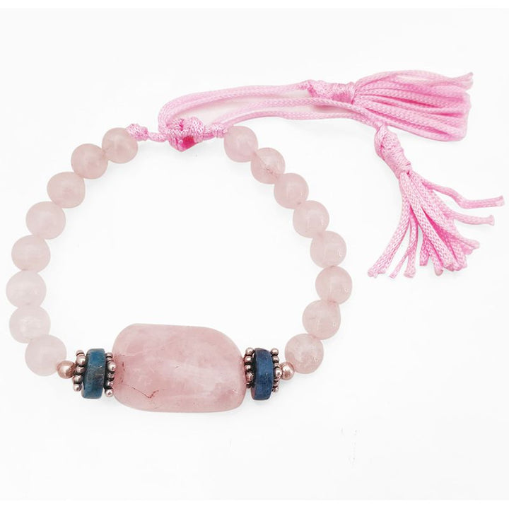 Rose Quartz Stone and Lapis Lazuli Wrist Band | Lapis Lazuli Button Beads, Pink Rose Quartz Round Beads with silver Accessories in Pink Thread Mala Bracelet