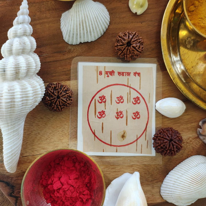 8-Mukhi Rudraksha Yantra Altar – Hand-Inscribed Bhojpatra | Ganesha Energy (Pre-Energized)